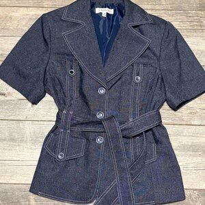 J. Rose Suit Belted Denim Style Blazer Jacket Contrast Stitch Short Sleeve Size